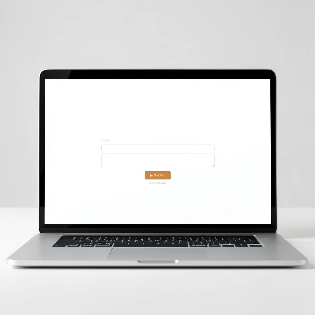 Mockup de tela de laptop com landing page minimalista, formulário e botão de call-to-action em iluminação suave de estúdio