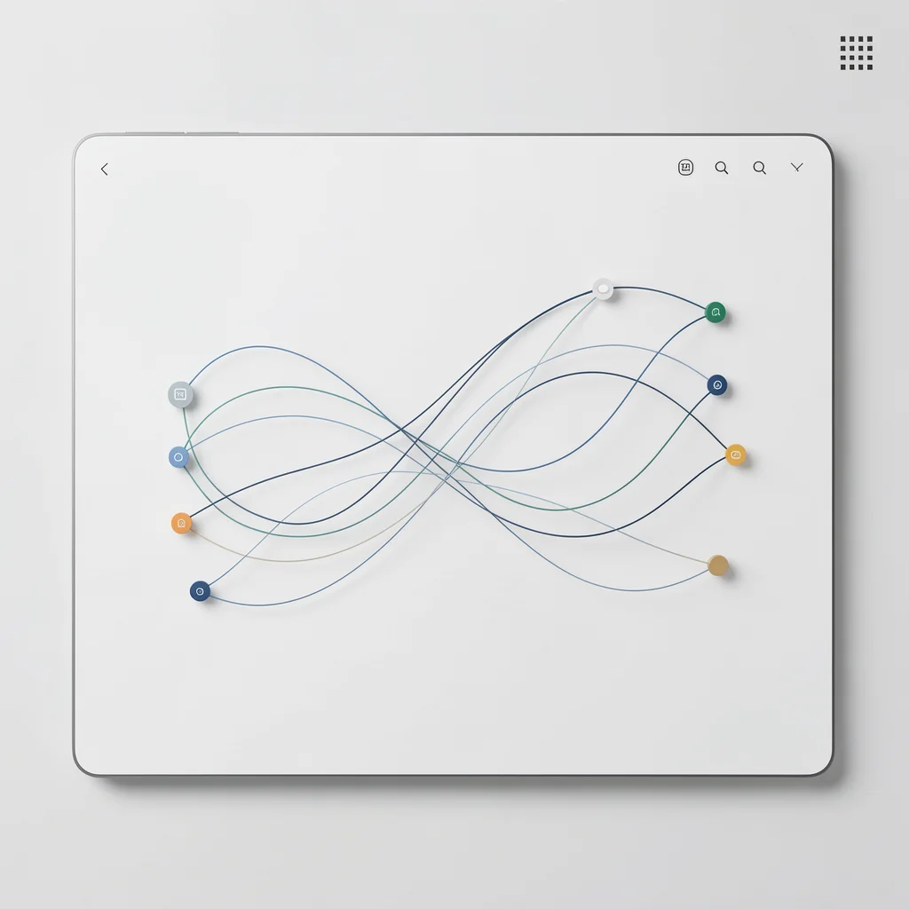 Dashboard abstrato com linhas fluidas conectando nós, representando a nutrição de leads ao longo da jornada do cliente