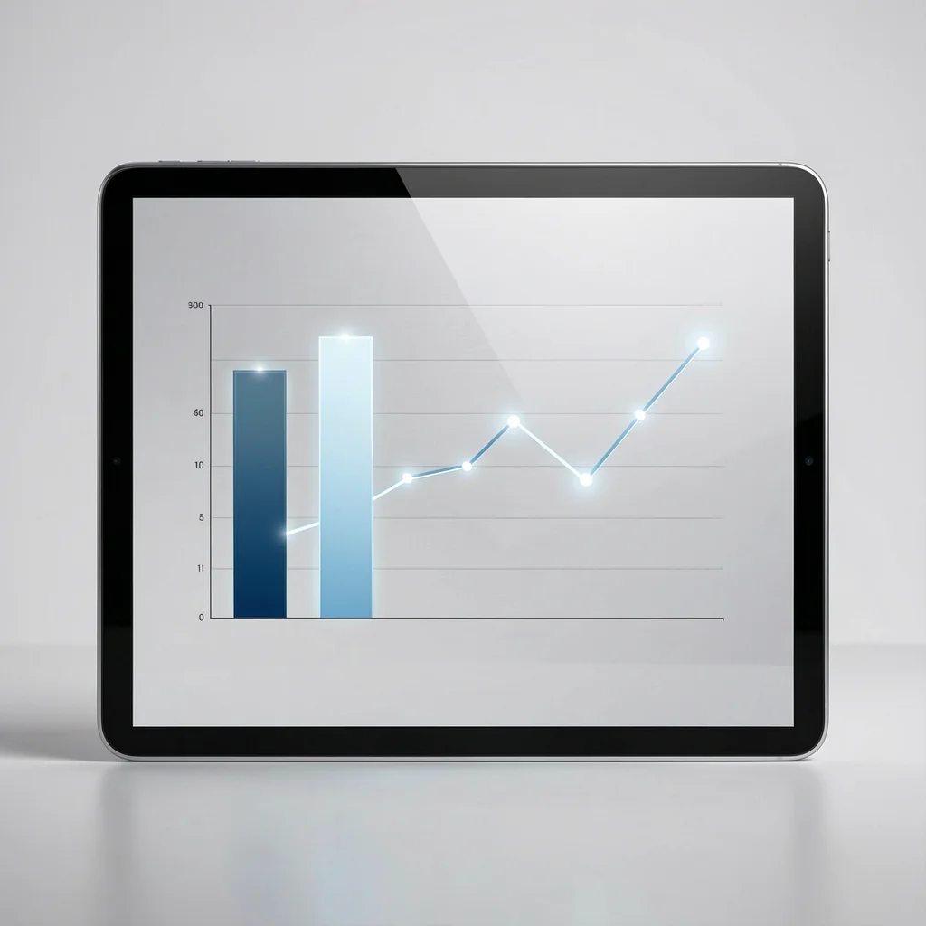 Tablet exibindo gráfico de barras e linha minimalista com pontos de dados brilhantes, em ambiente corporativo