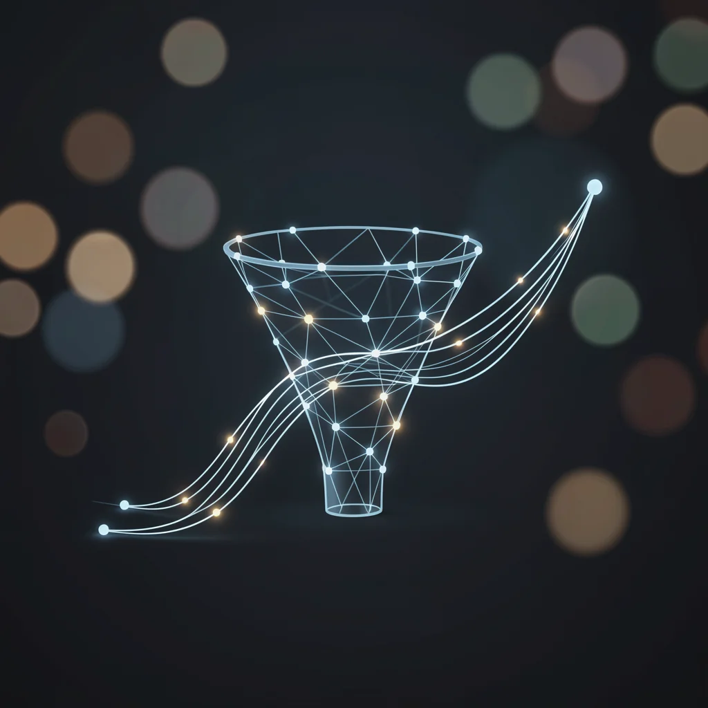 Visualização abstrata de funil de leads com nós brilhantes e linhas de fluxo