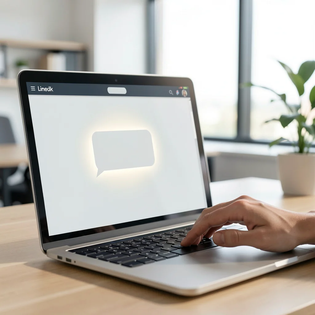 Laptop com tela do LinkedIn mostrando janela de mensagem e mão digitando
