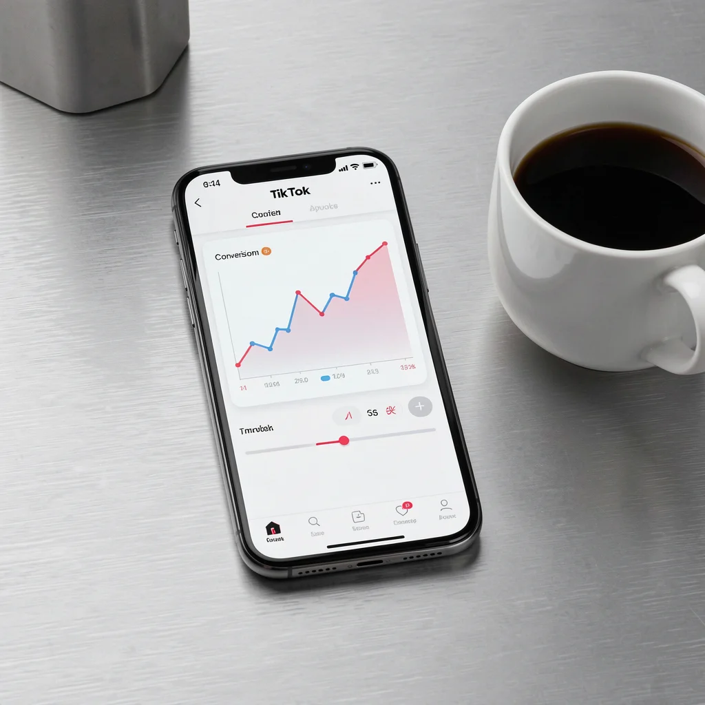 Smartphone sobre mesa de alumínio escovado exibindo interface do TikTok com gráfico de conversão