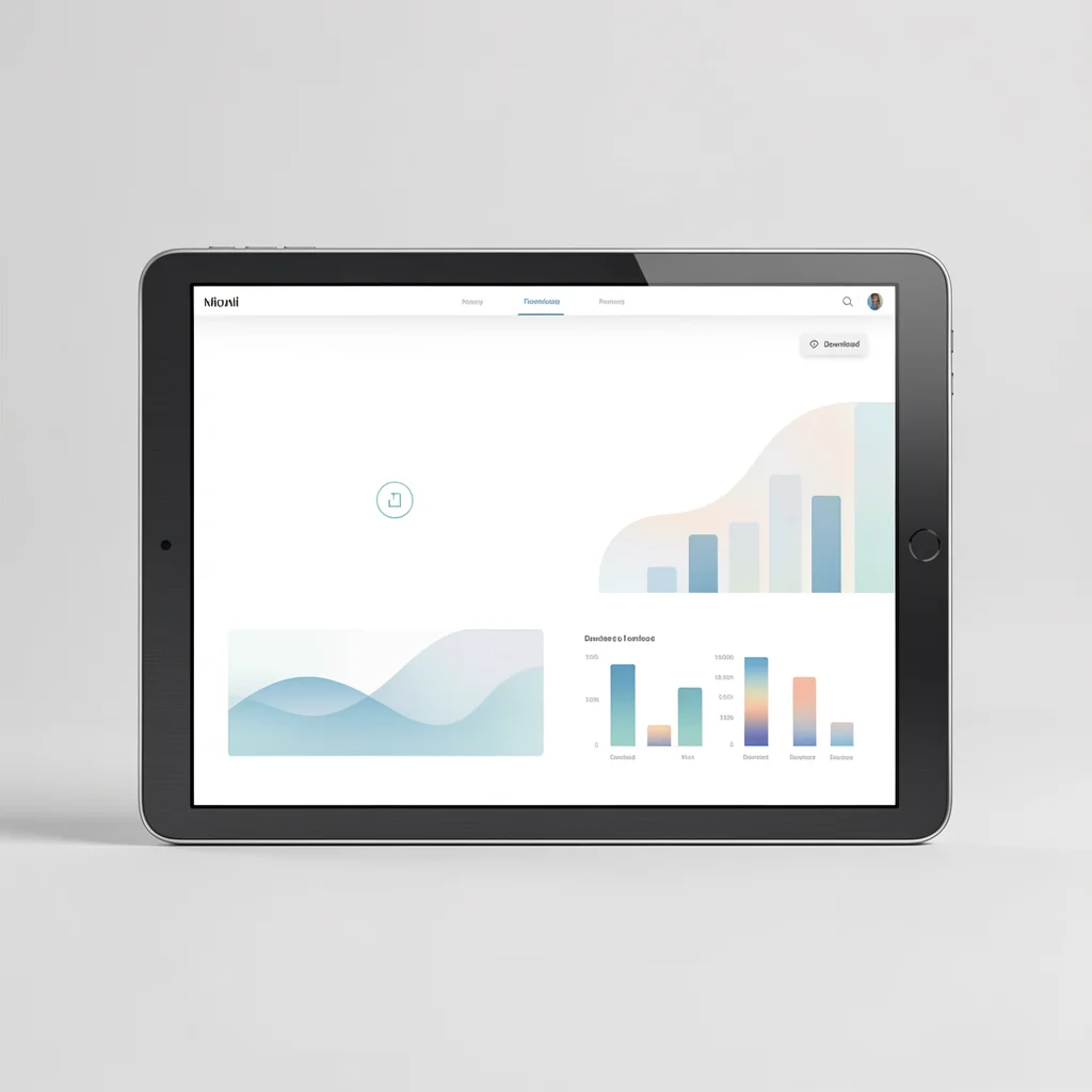 Tablet prata com tela mostrando dashboard minimalista com gráficos abstratos e ícone de download, sobre mesa de escritório iluminada