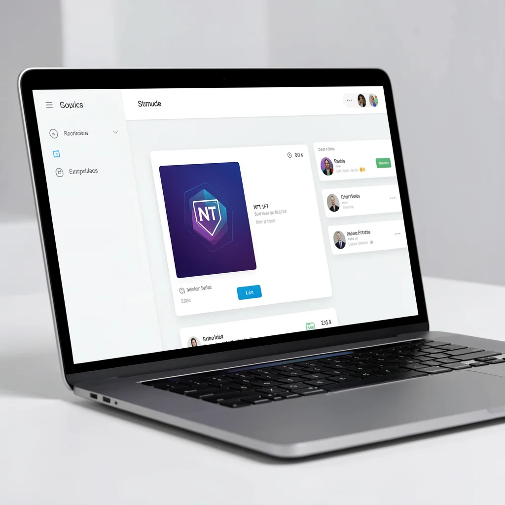 Captura de tela de um marketplace de NFT em um laptop moderno, mostrando um NFT sendo listado para venda