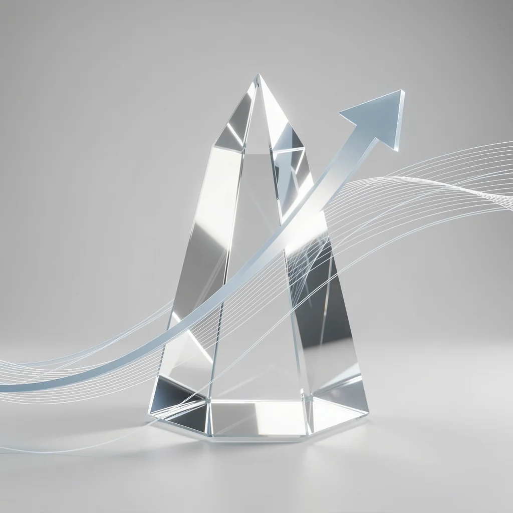 Prisma de vidro refletindo luz com setas ascendentes, representando crescimento e receita recorrente