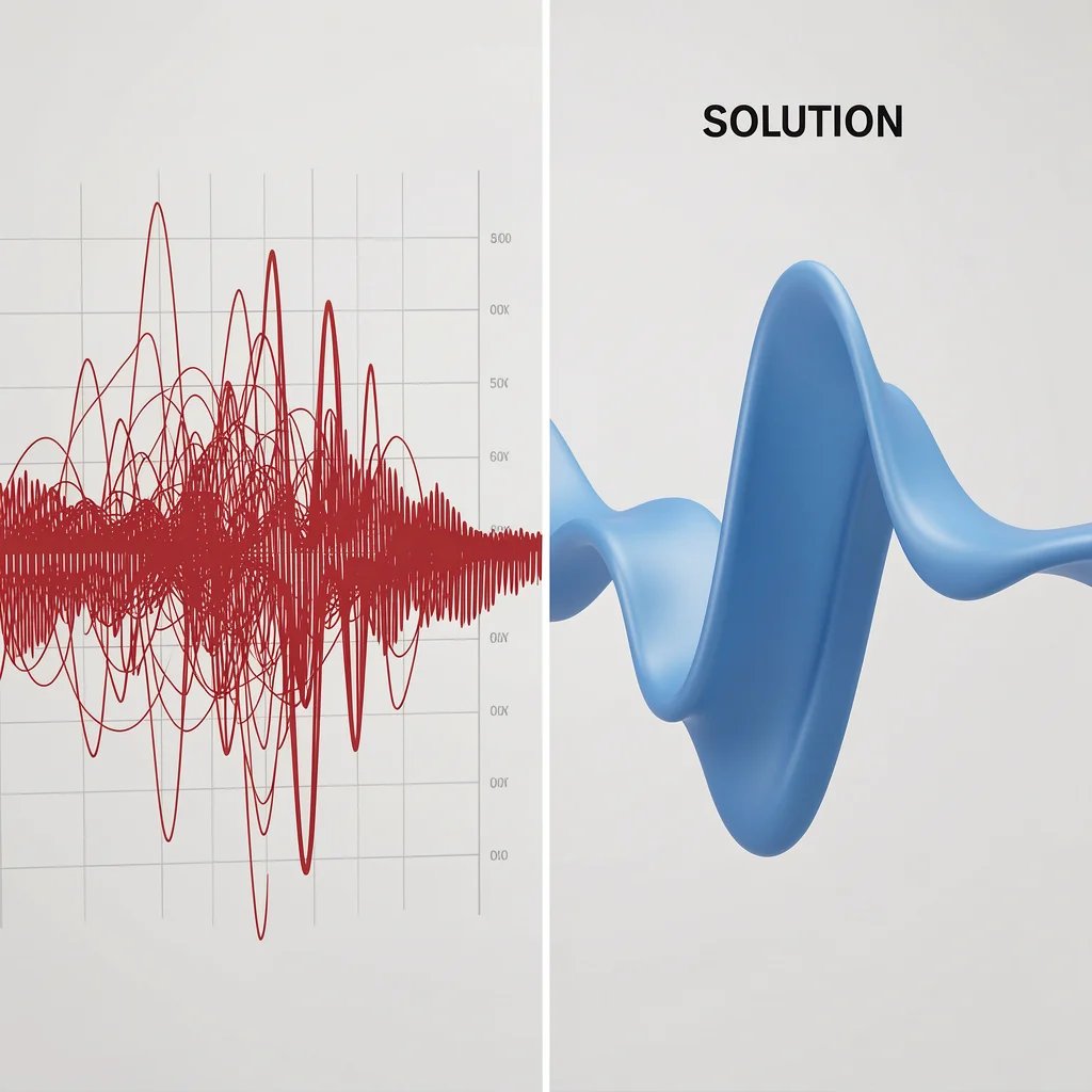 Visualização abstrata de dados comparando antes caótico e depois organizado em tons de vermelho e azul