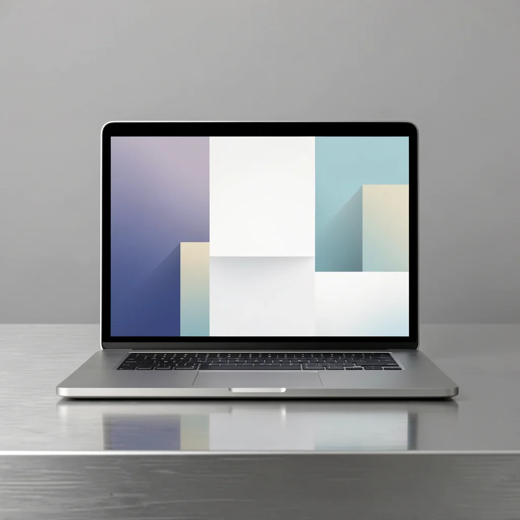 Notebook elegante sobre mesa de alumínio escovado exibindo página de vendas minimalista com blocos geométricos