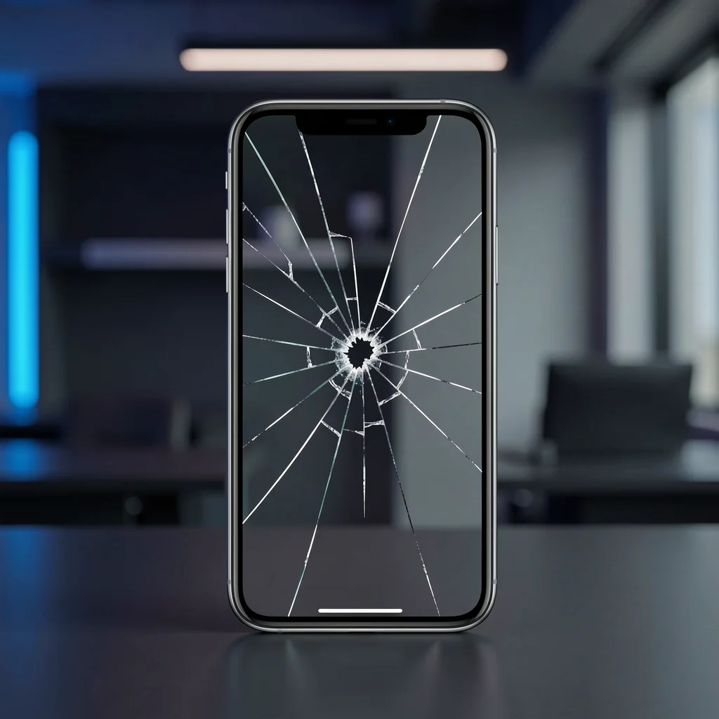 Tela de smartphone quebrada em close-up, simbolizando erros que prejudicam vendas anônimas