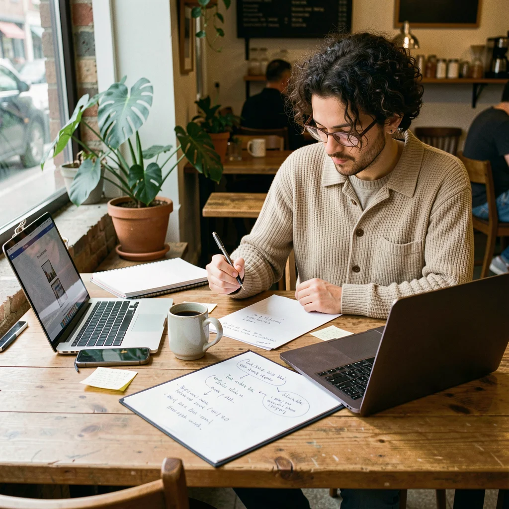 Empreendedor trabalhando em ideias de marketing em uma mesa de café