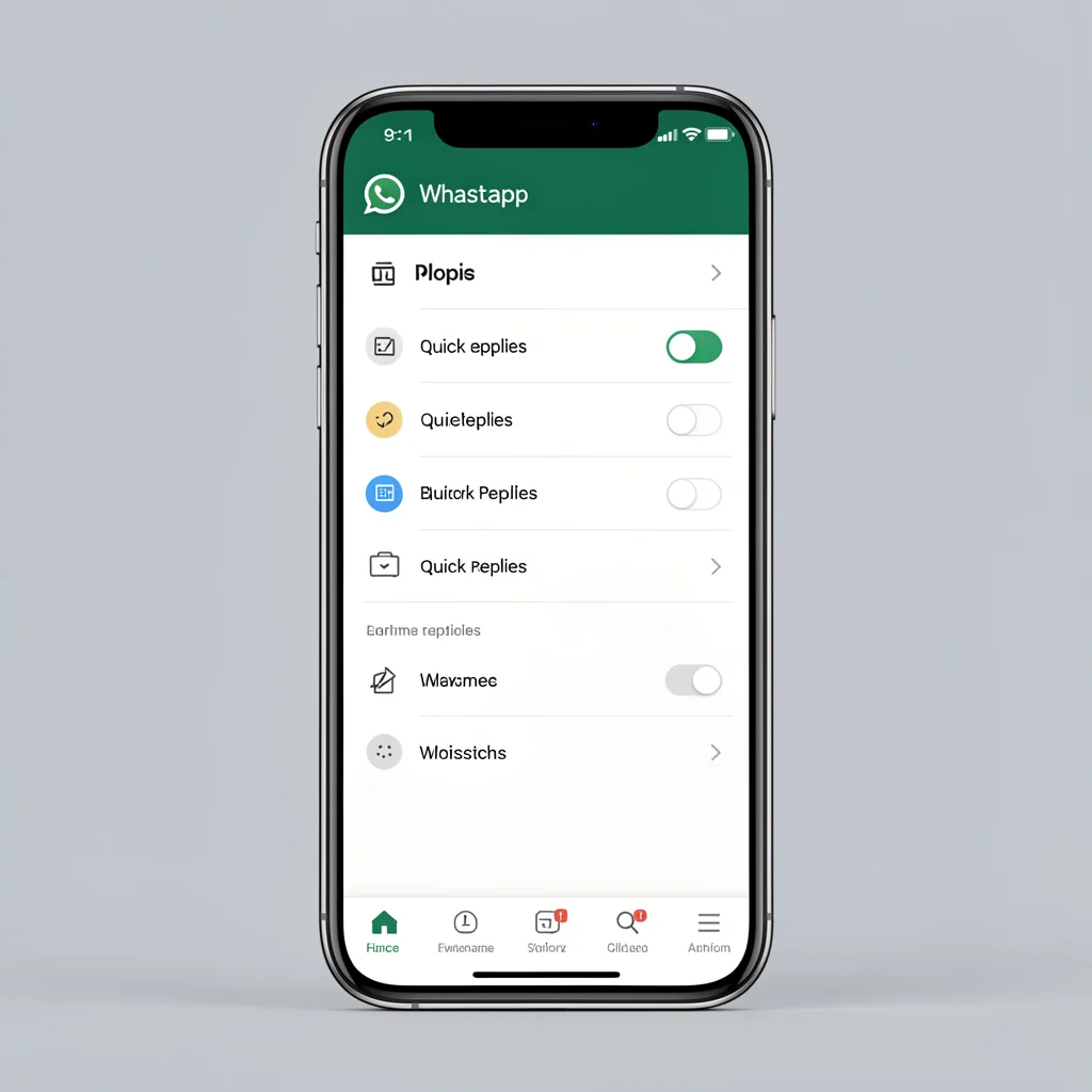 Smartphone com tela do WhatsApp Business exibindo configuração de resposta rápida