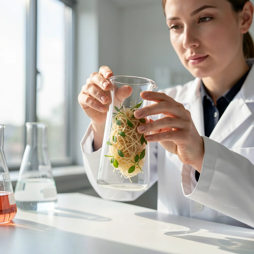Cientista de alimentos em laboratório moderno analisando amostra orgânica com iluminação natural.