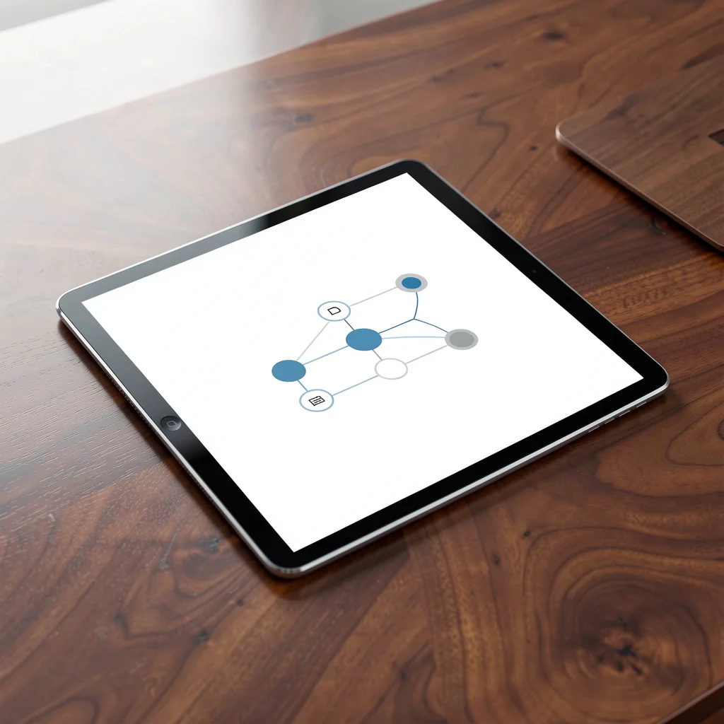 Tablet sobre mesa de madeira exibindo diagrama de fluxo minimalista para transição de negócio físico para digital