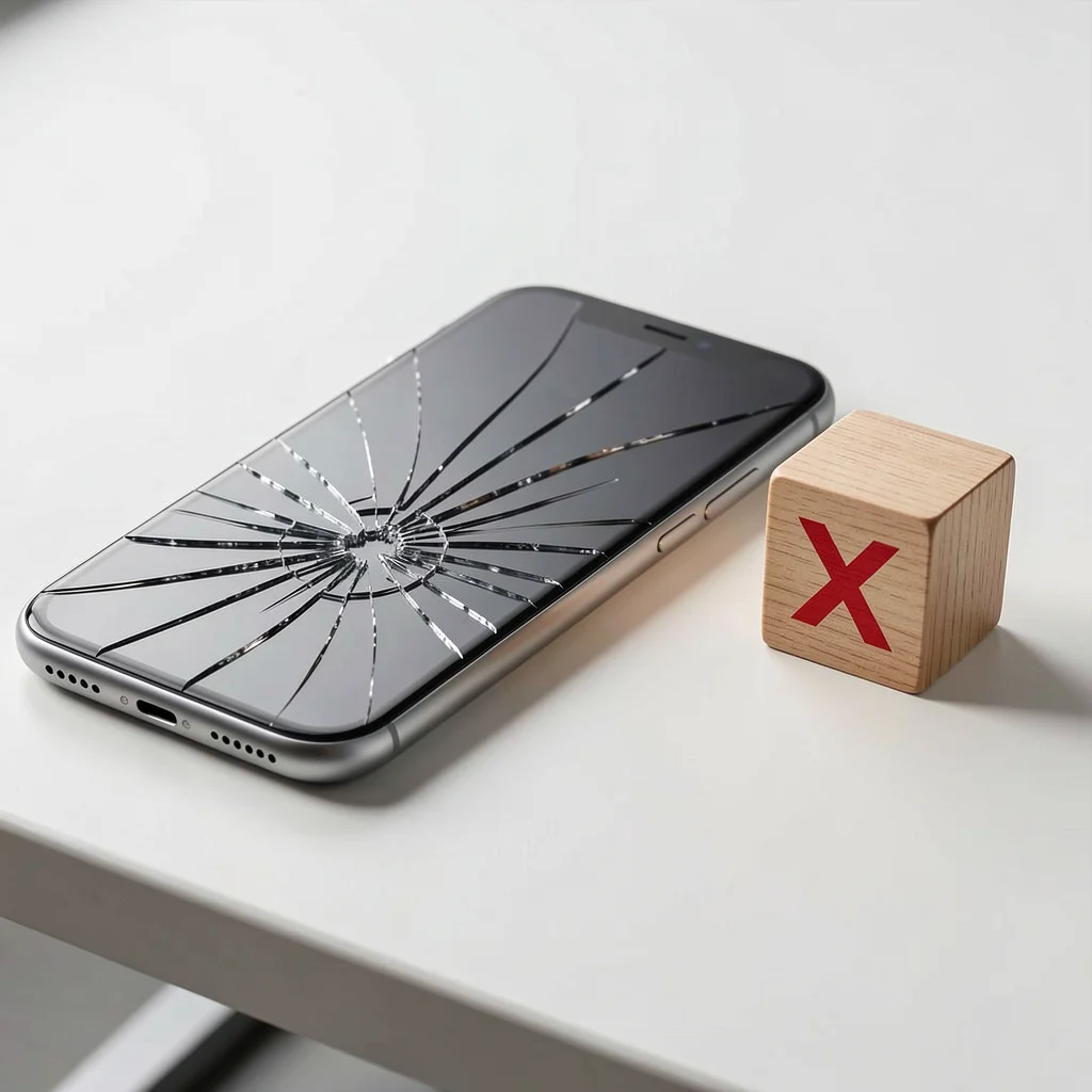 Smartphone com tela rachada ao lado de bloco de madeira com símbolo X vermelho, representando erros na digitalização