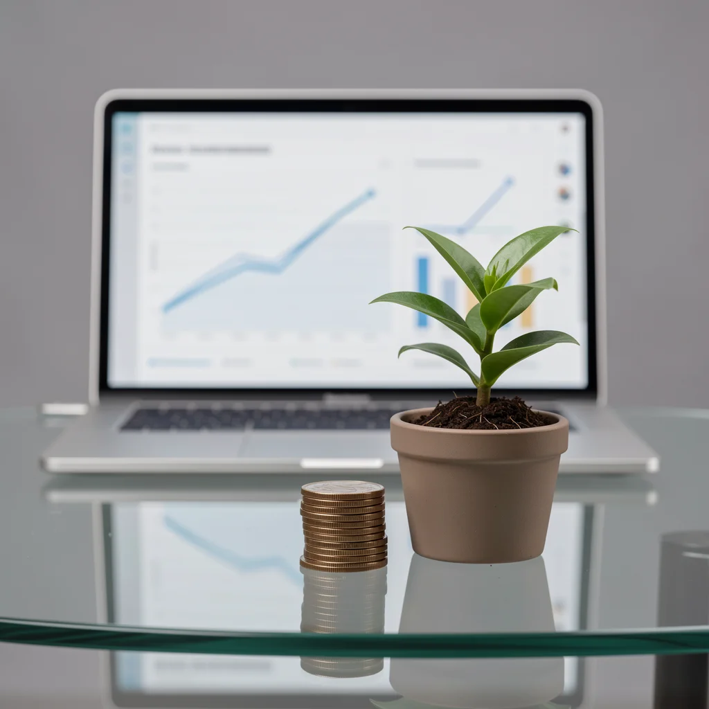Planta crescendo sobre pilha de moedas em mesa de vidro com laptop ao fundo mostrando gráficos de crescimento