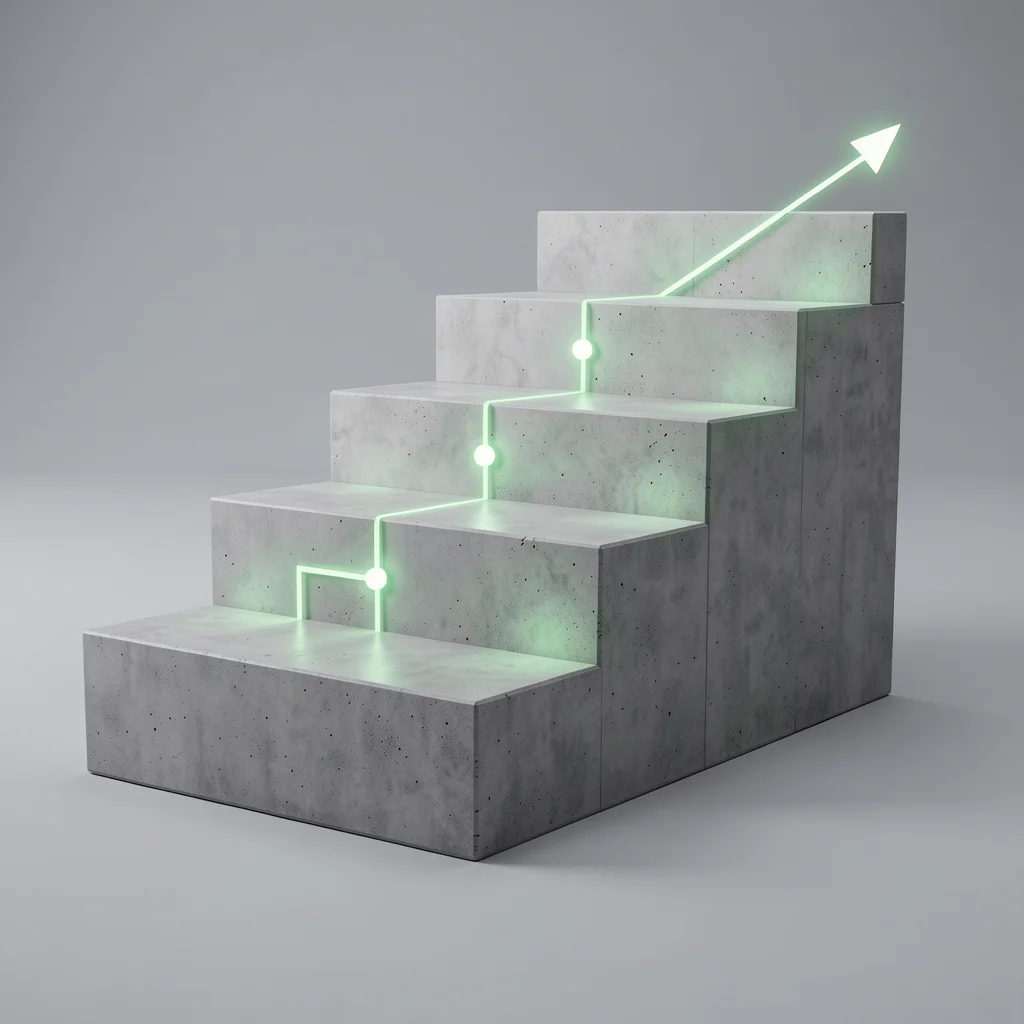Blocos de concreto interligados com nós verdes formando uma escada ascendente