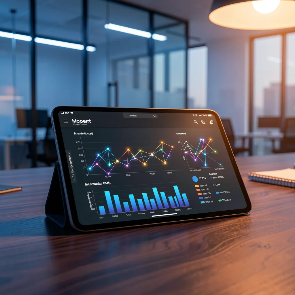 Tablet sobre mesa de madeira com gráficos de dados corporativos em ambiente de escritório moderno.