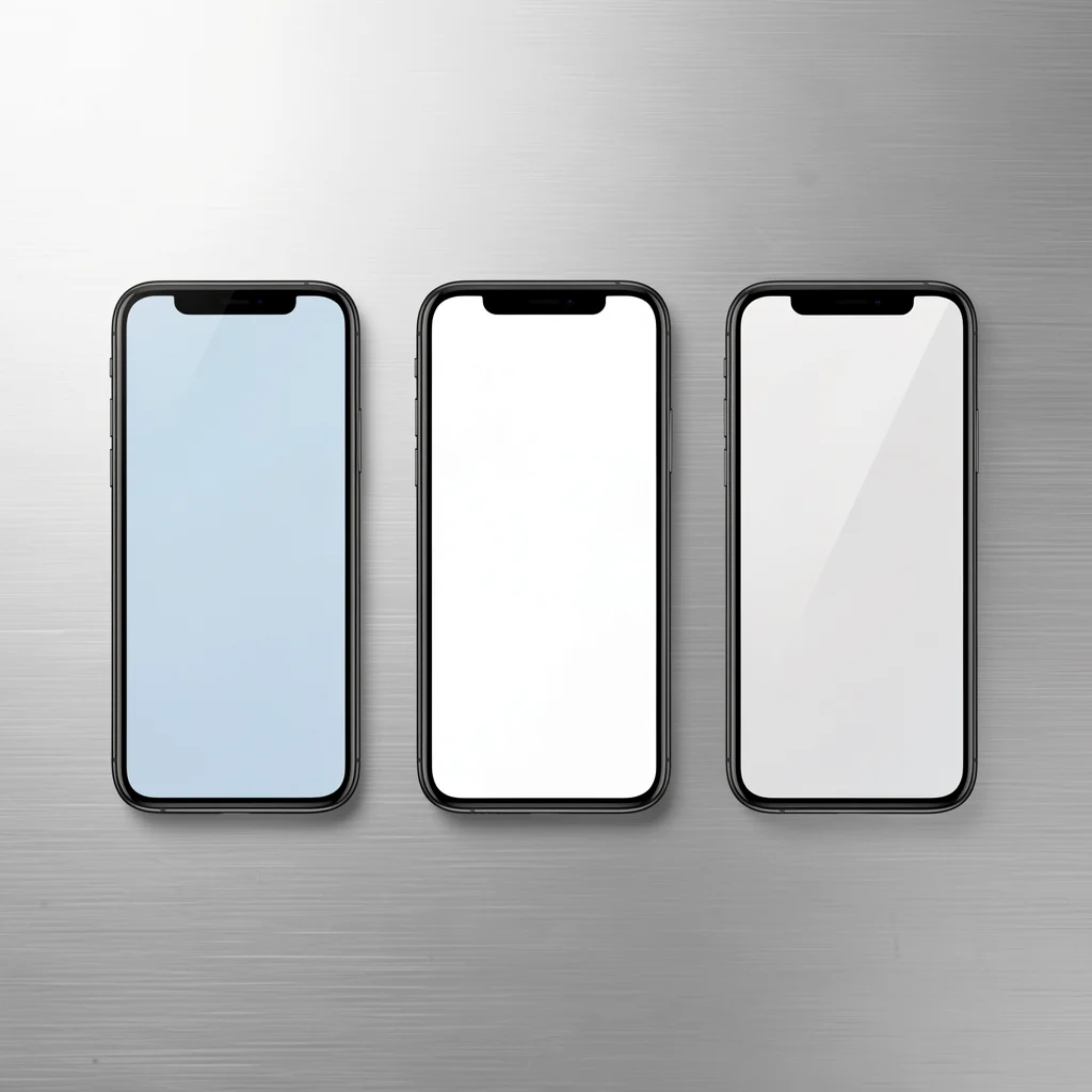 Três smartphones modernos em uma mesa de alumínio escovado, cada um exibindo uma interface abstrata de agregador de links, sem texto, com iluminação suave de estúdio.