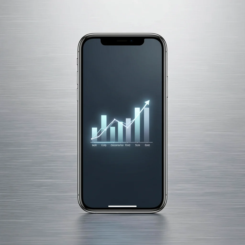 Smartphone moderno sobre superfície metálica exibindo interface de anúncio com métricas abstratas de engajamento, iluminação suave de estúdio.
