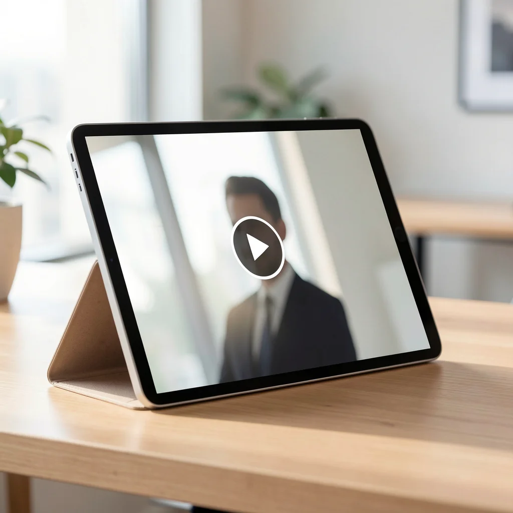 Tablet sobre mesa de madeira exibindo moldura de anúncio em vídeo com silhueta de pessoa e ícone de reprodução, iluminação natural suave.