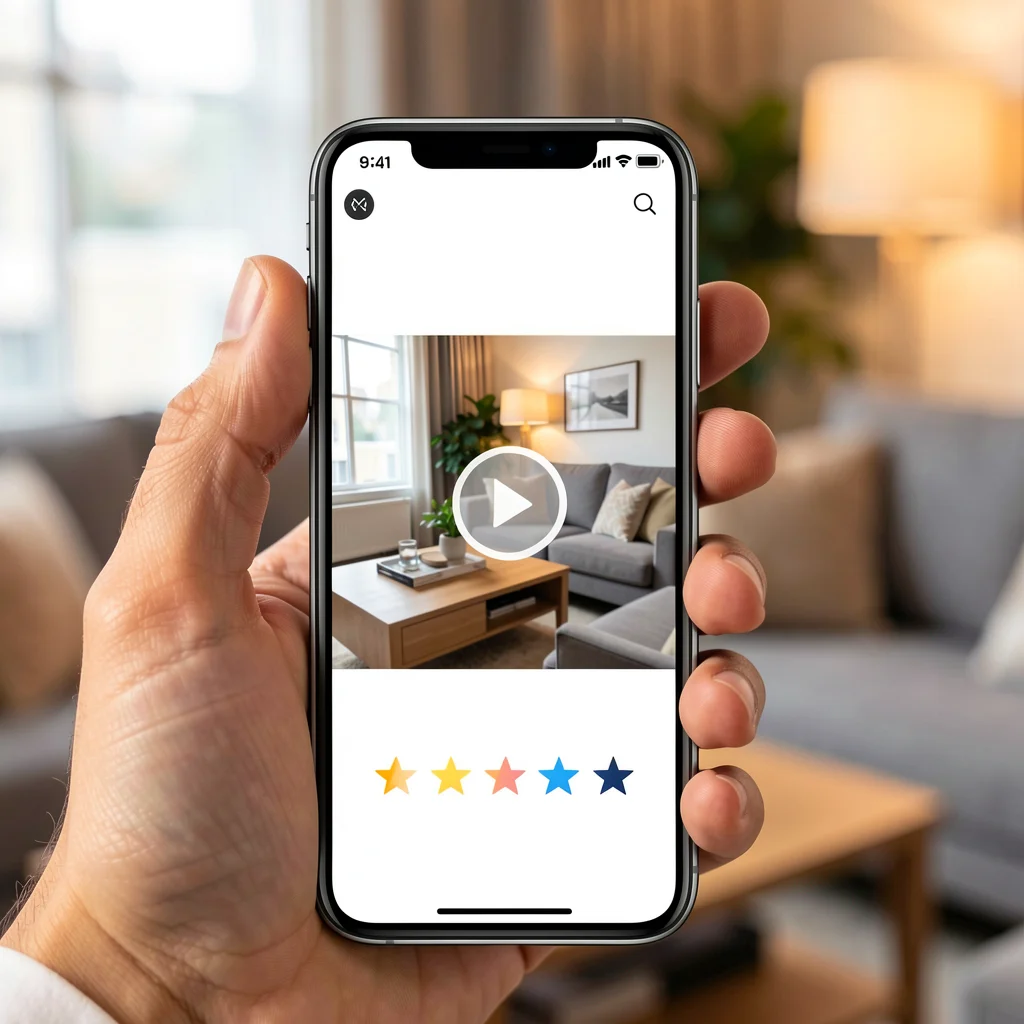 Close de mão segurando smartphone com thumbnail de depoimento em vídeo e ícones de classificação por estrelas, fundo desfocado de sala.