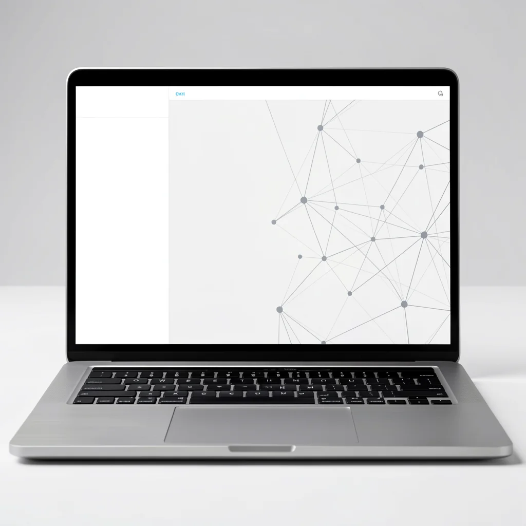 Notebook de alumínio escovado exibindo um dashboard de IA com padrões abstratos de rede neural em um fundo escuro.