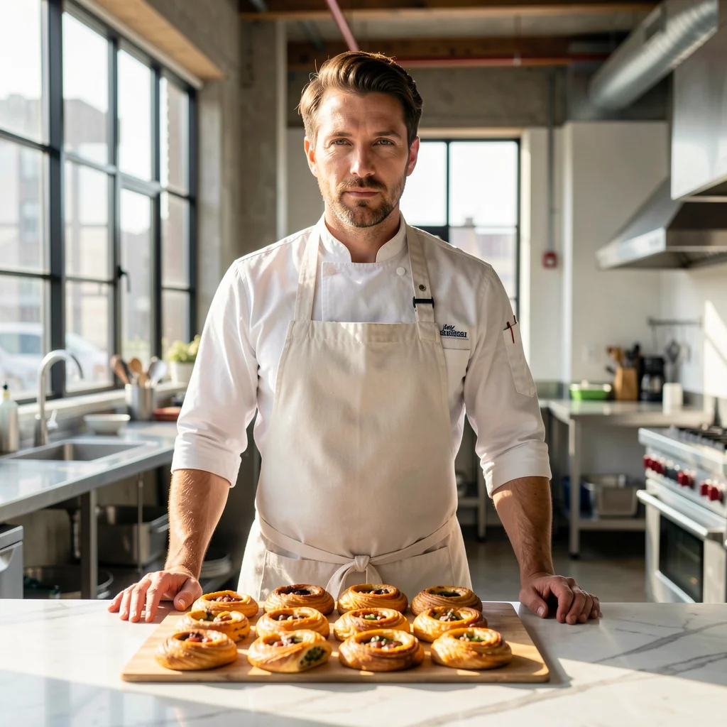 Empreendedor culinário profissional em uma cozinha industrial moderna e iluminada, focada em produção de salgados artesanais.