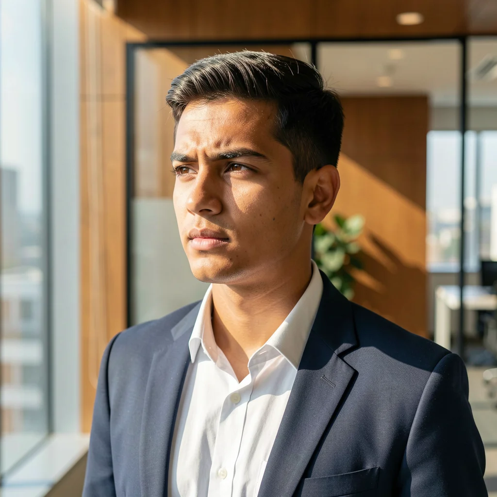 Profissional jovem e confiante em um ambiente de escritório moderno e iluminado.