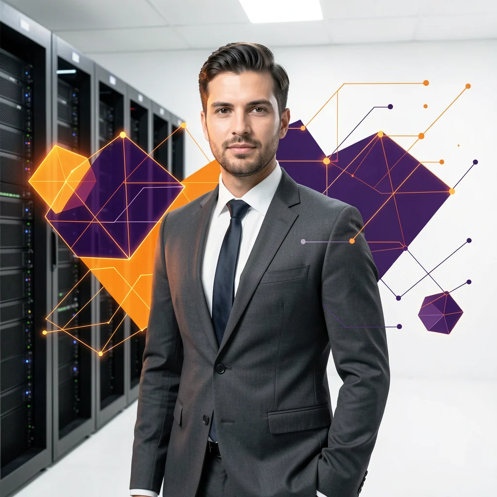Profissional corporativo em um data center de IA moderno com elementos gráficos abstratos em laranja e roxo.
