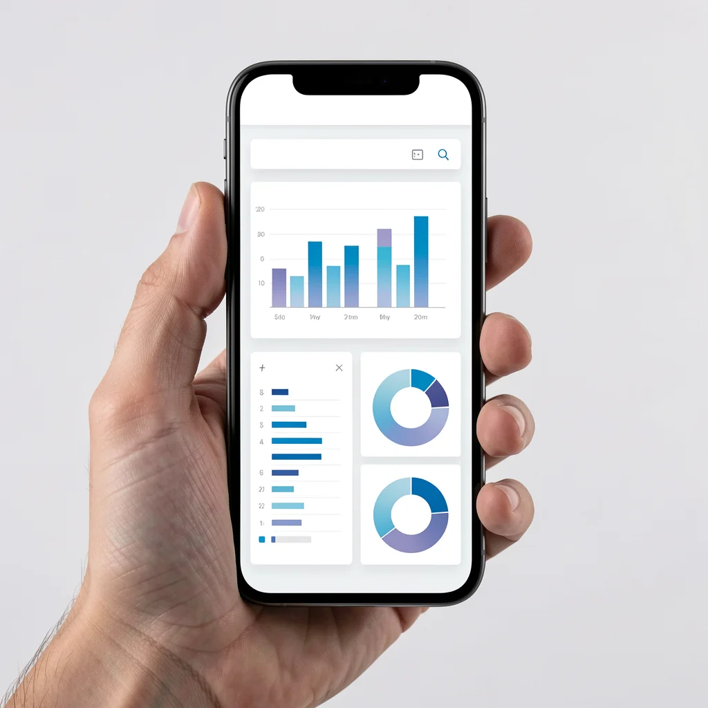 Smartphone exibindo dashboard de analytics com gráficos abstratos, em estilo editorial corporativo
