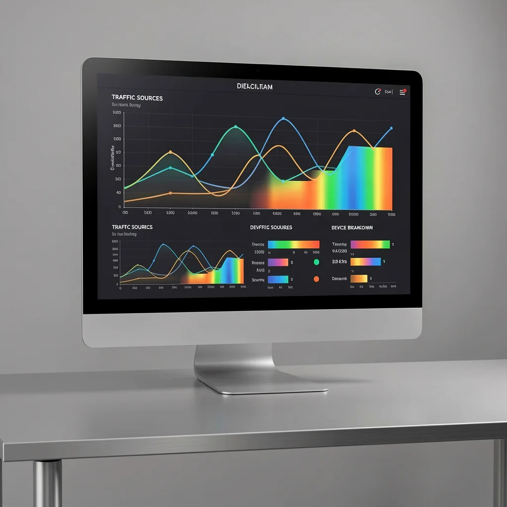 Monitor de computador exibindo gráficos de linhas e mapa de calor para análise de tráfego