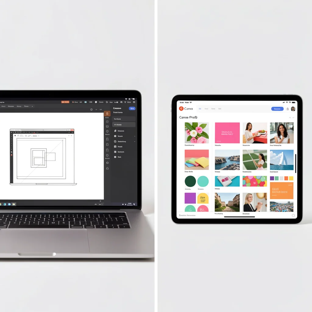 Mockups de telas do Figma e Canva Pro em dispositivos Apple, em estilo editorial corporativo de alta qualidade.