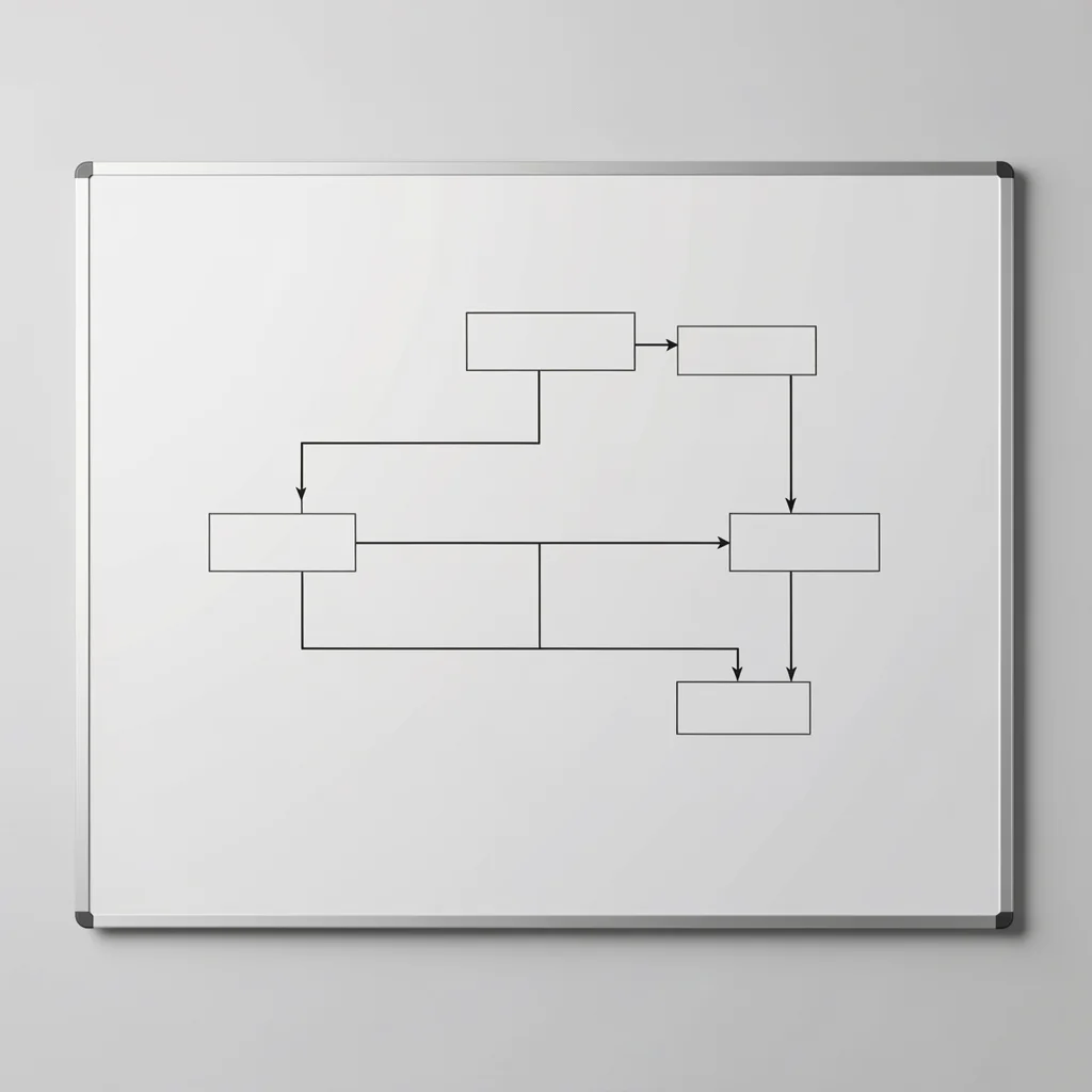Fluxograma minimalista com setas e formas abstratas em layout horizontal e vertical sobre quadro branco