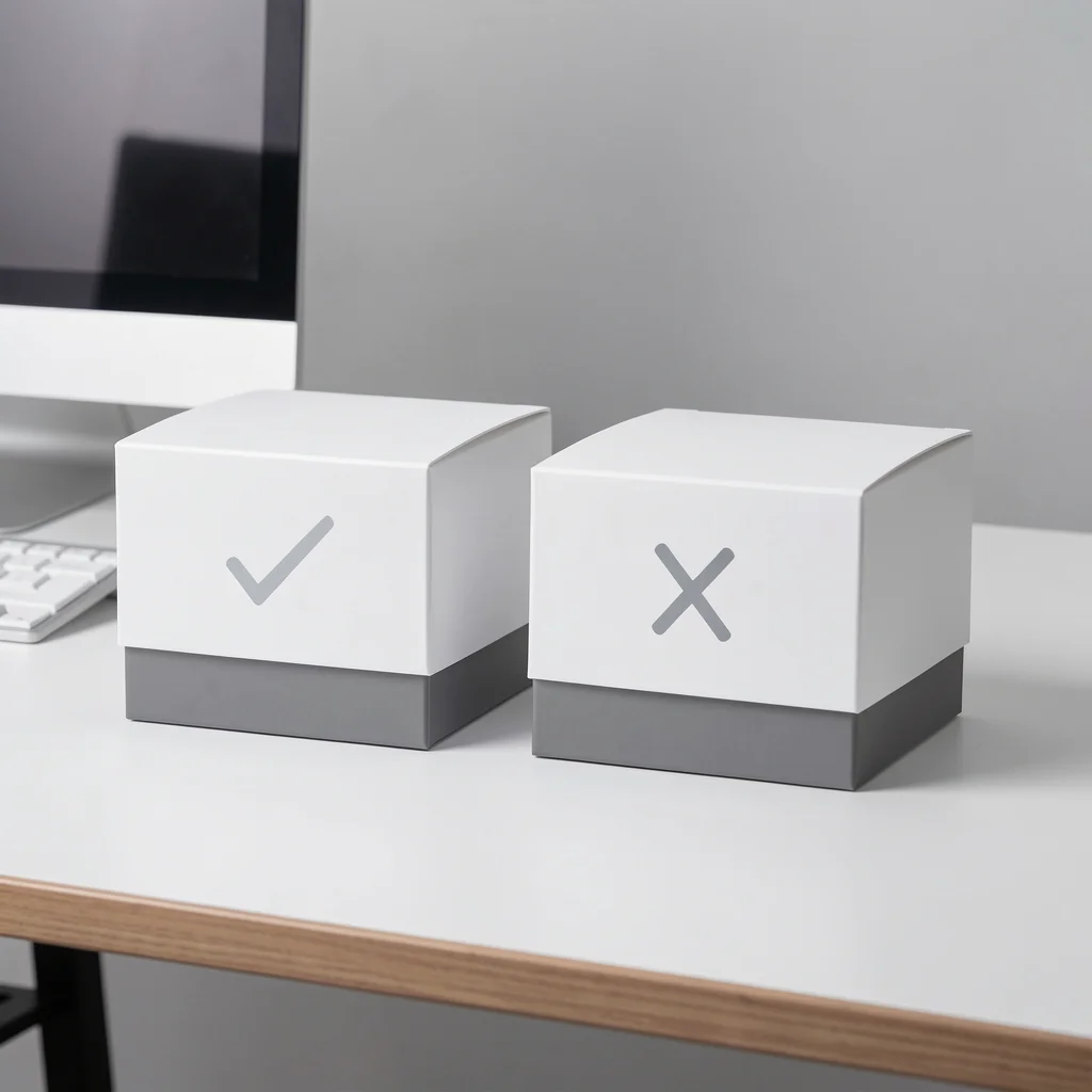 Duas caixas minimalistas, uma com símbolo de check e outra com X, representando decisão de cancelamento