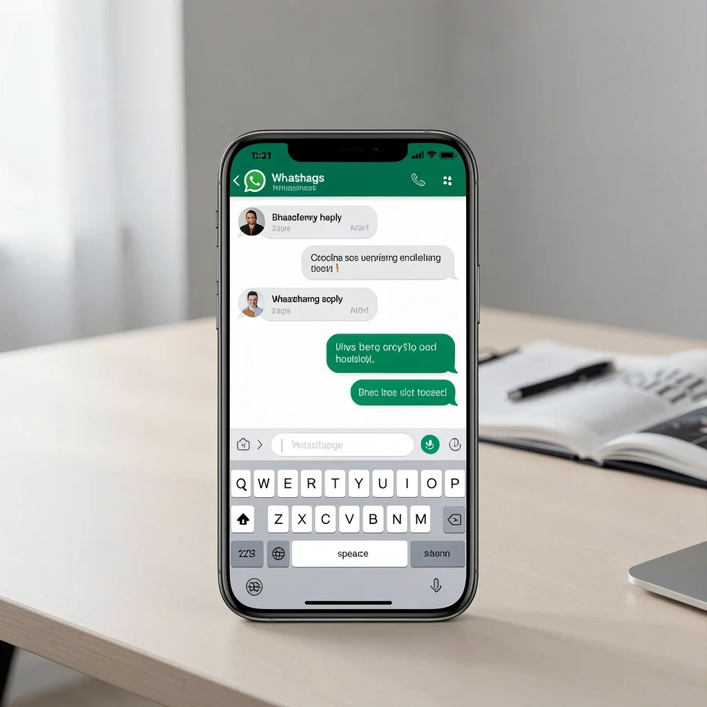Smartphone em mesa exibindo interface do WhatsApp Business com bolhas de resposta rápida