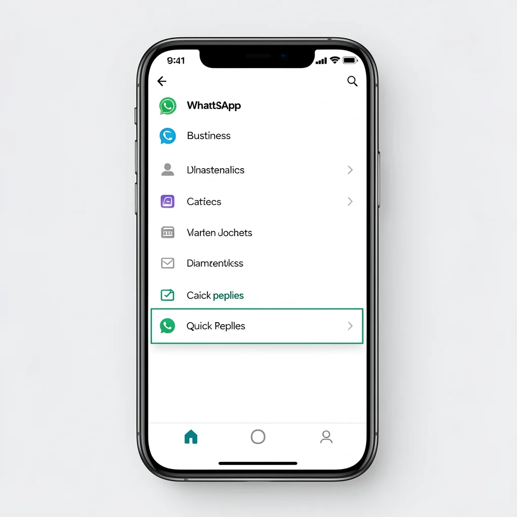 Tela de smartphone com menu de configurações do WhatsApp Business destacando opção de respostas rápidas