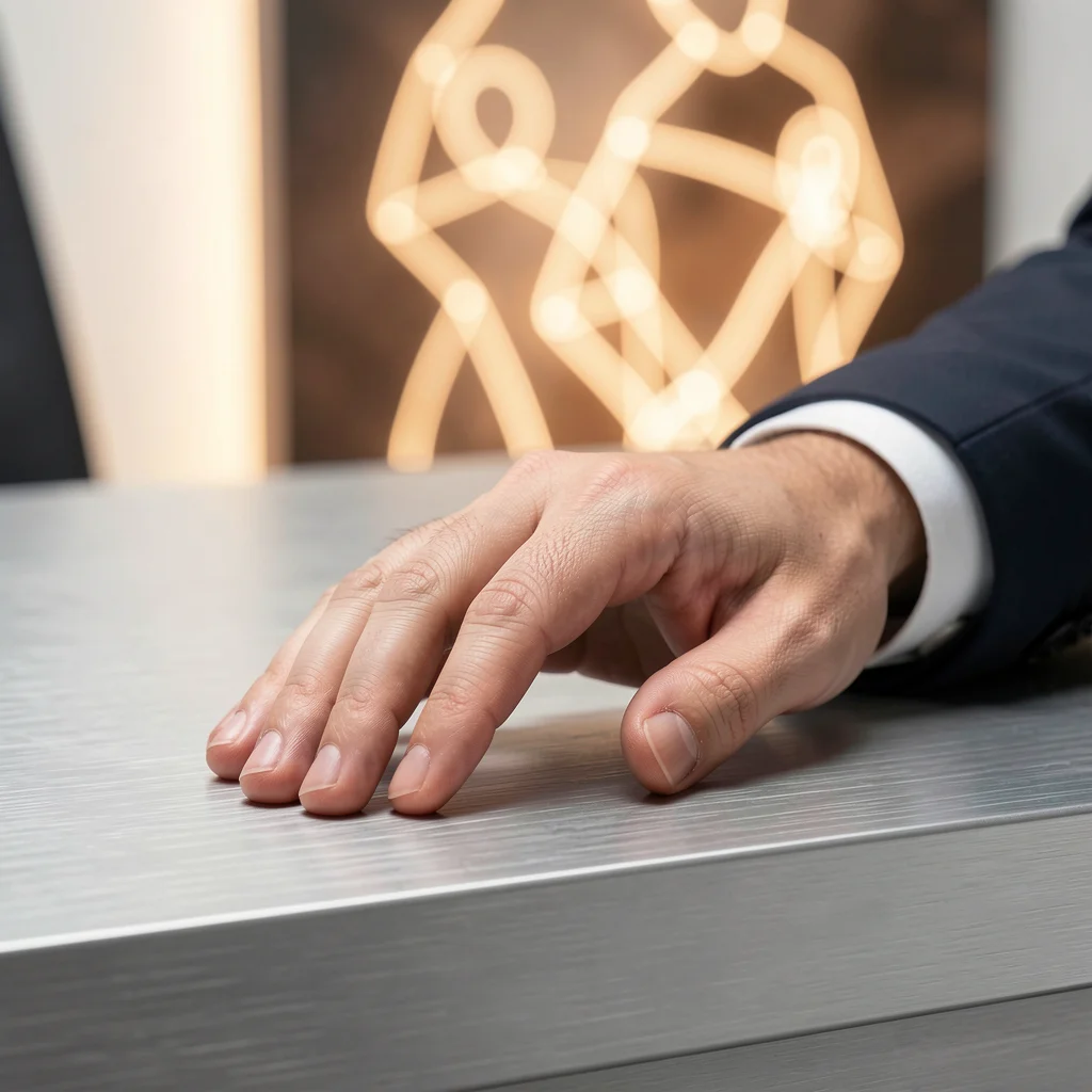 Mão humana sobre mesa de alumínio escovado em iluminação suave, representando atendimento humano com empatia e confiança.