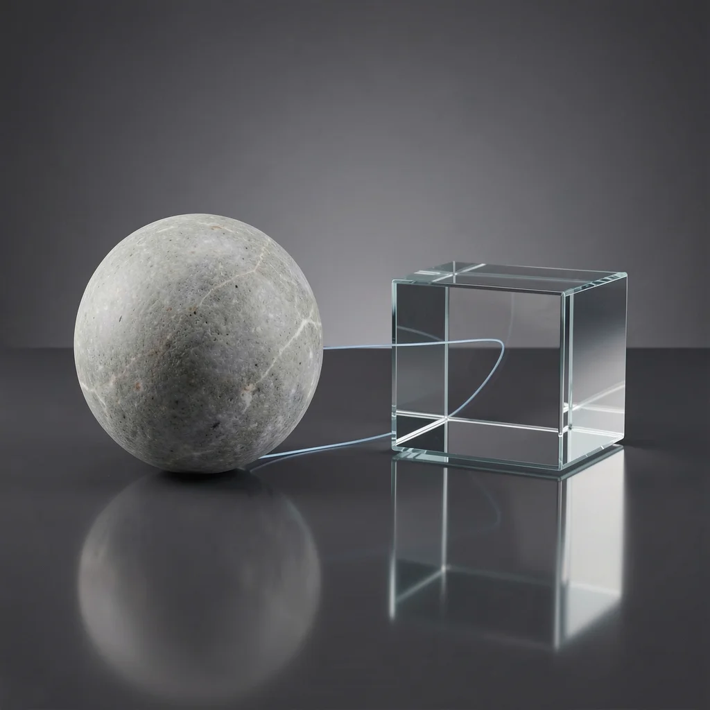 Esfera orgânica e cubo de vidro geométrico sobre superfície escura refletiva, representando a integração entre humano e IA.