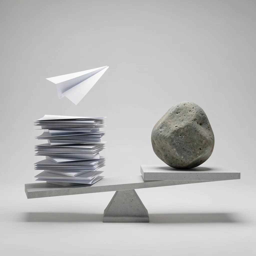 Balança minimalista com aviões de papel de um lado e uma pedra do outro, simbolizando prós e contras do PDCA