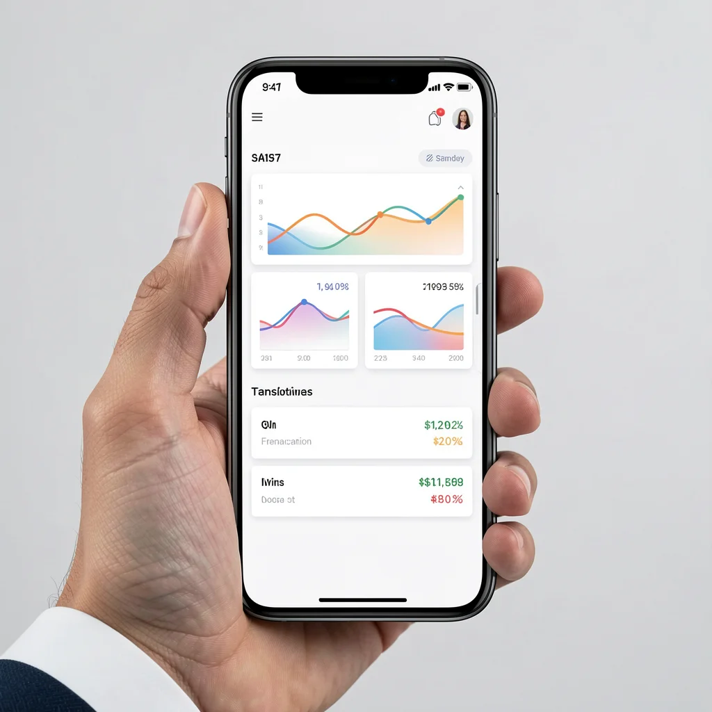 Smartphone com tela de aplicativo financeiro mostrando dashboard com gráficos coloridos abstratos