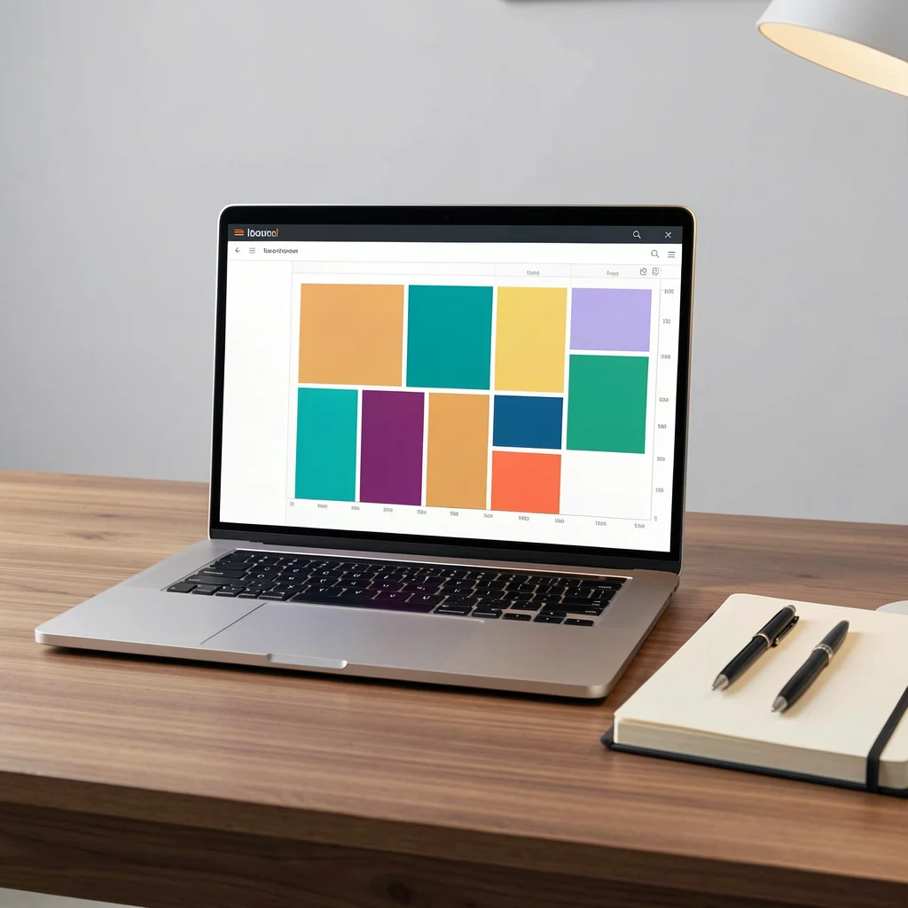 Laptop com planilha de controle financeiro aberta, ao lado de caderno e caneta sobre mesa de madeira