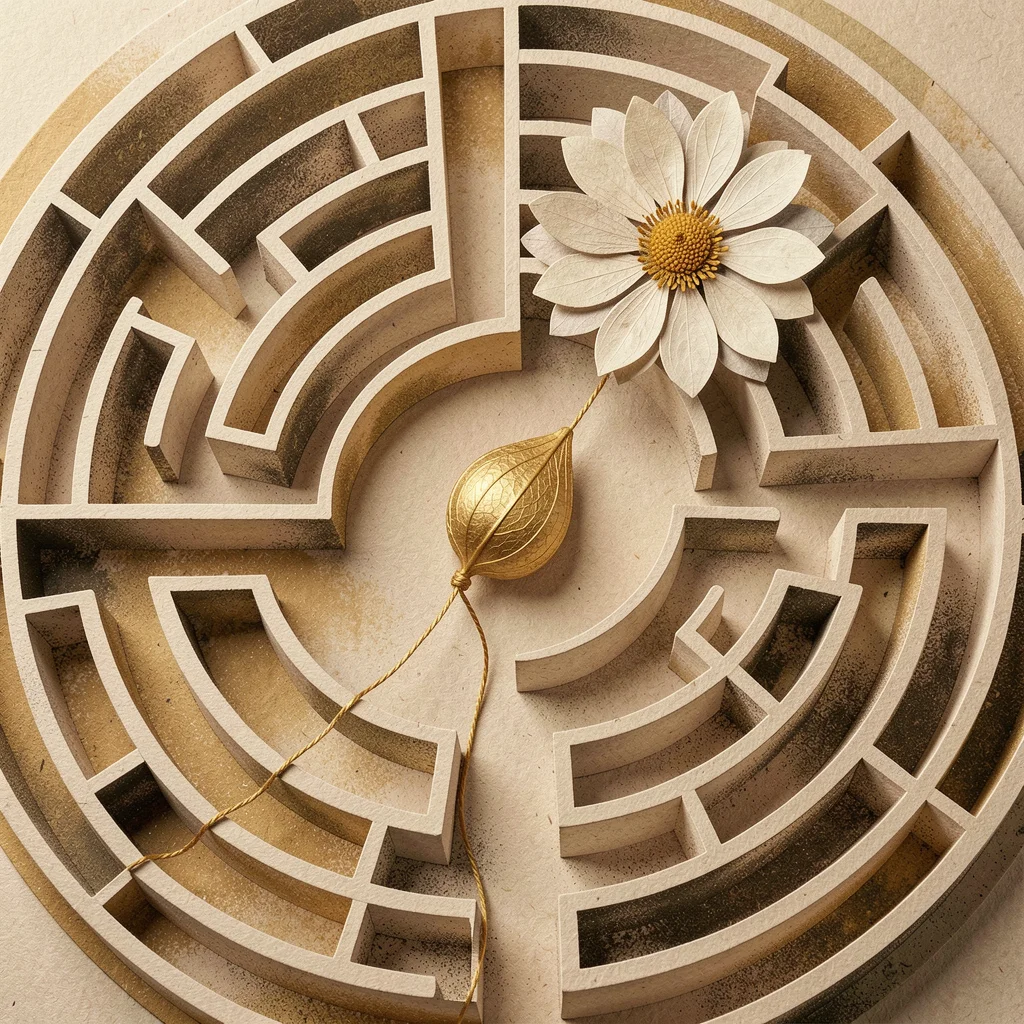 Ilustração artesanal de um labirinto de papel onde um fio puxa uma semente em direção a uma flor.