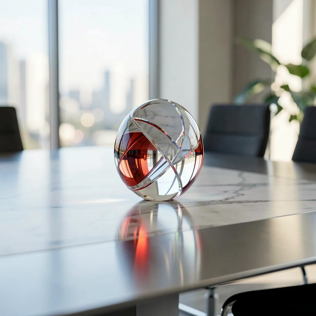 Mesa de reunião minimalista com escultura de vidro e luz cinematográfica.