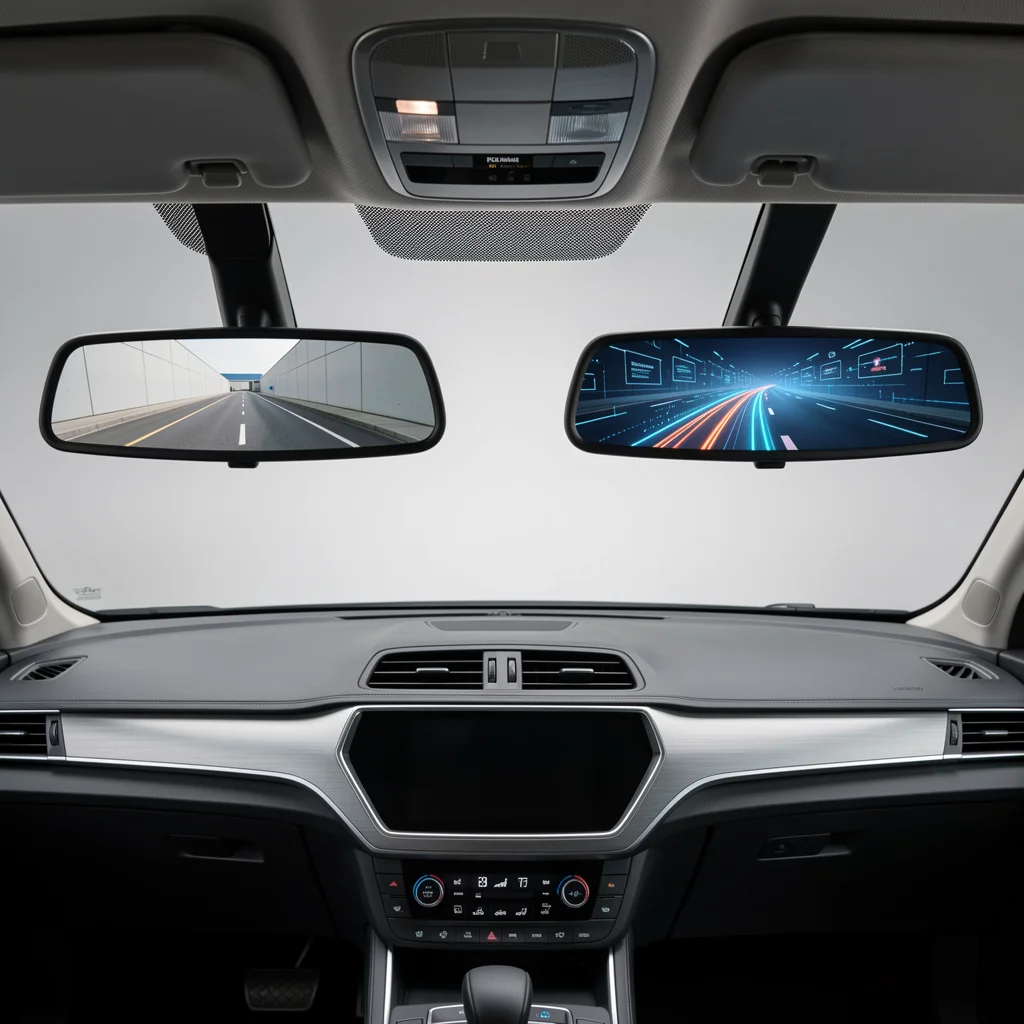 Dupla exposição de um painel de carro com retrovisor mostrando a estrada passada e um display holográfico projetando o caminho futuro, simbolizando análise descritiva e preditiva.
