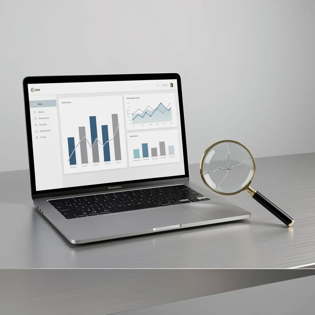 Laptop com dashboard de gráficos abstratos ao lado de uma lupa com uma rachadura, representando as vantagens e limitações da análise descritiva.