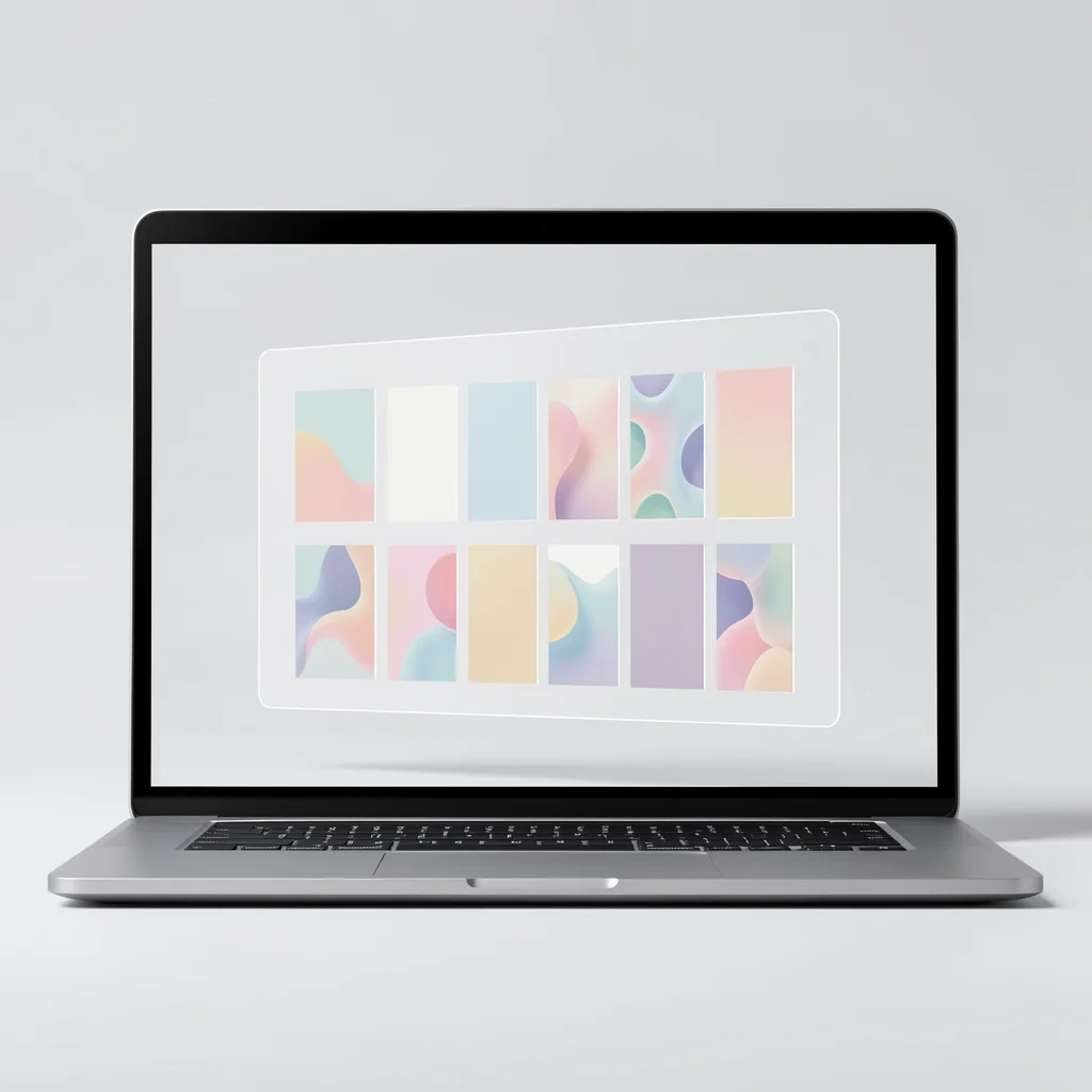 Interface minimalista de biblioteca de anúncios em laptop prateado com thumbnails abstratos