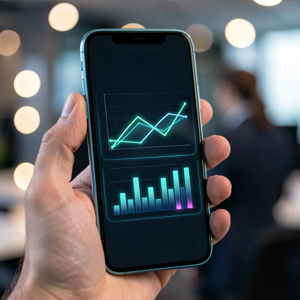 Dashboard de análise de dados em smartphone com gráficos abstratos em modo escuro