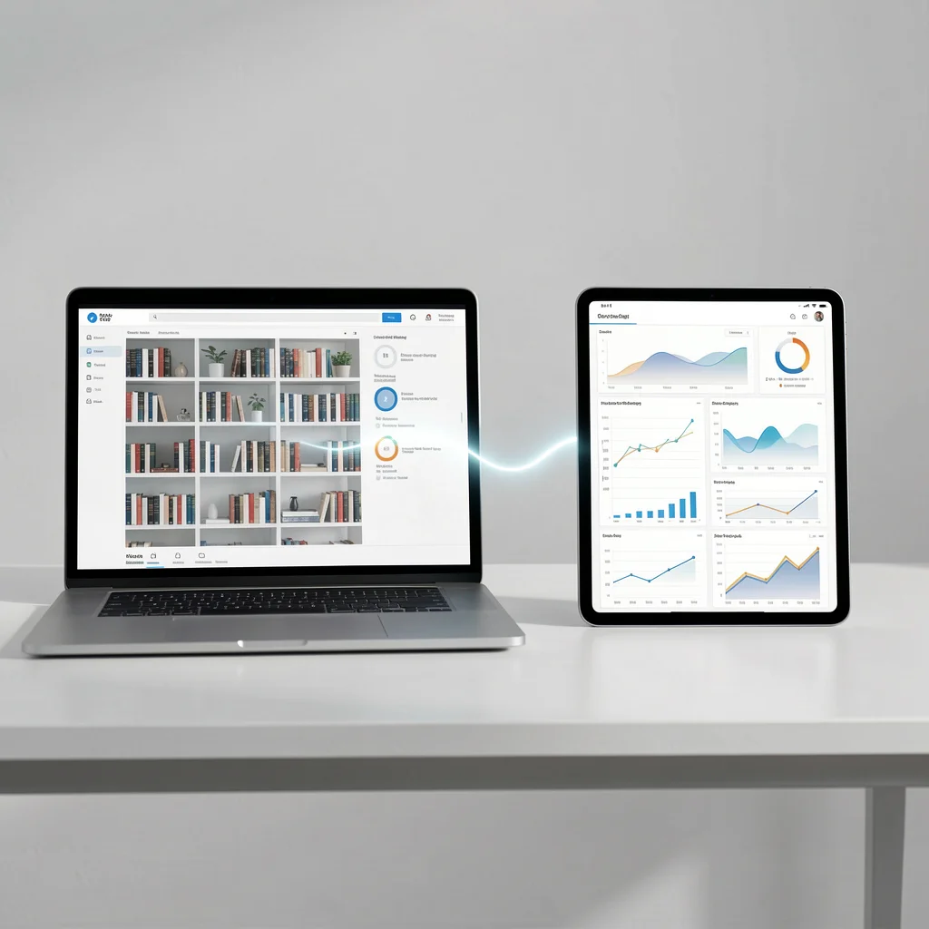 Laptop e tablet lado a lado com interfaces abstratas conectadas por linha de luz