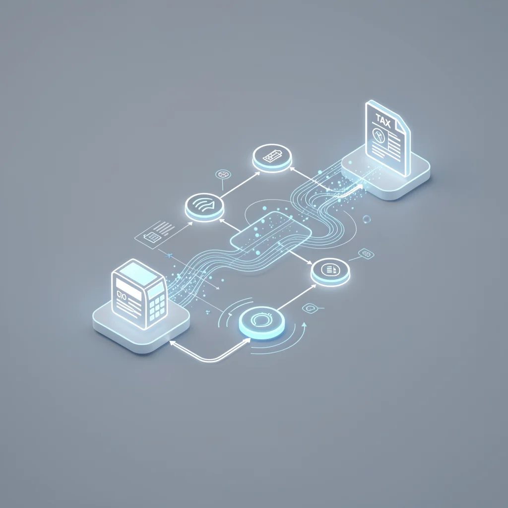 Representação 3D abstrata de um fluxo de dados digital conectando vendas à emissão fiscal.