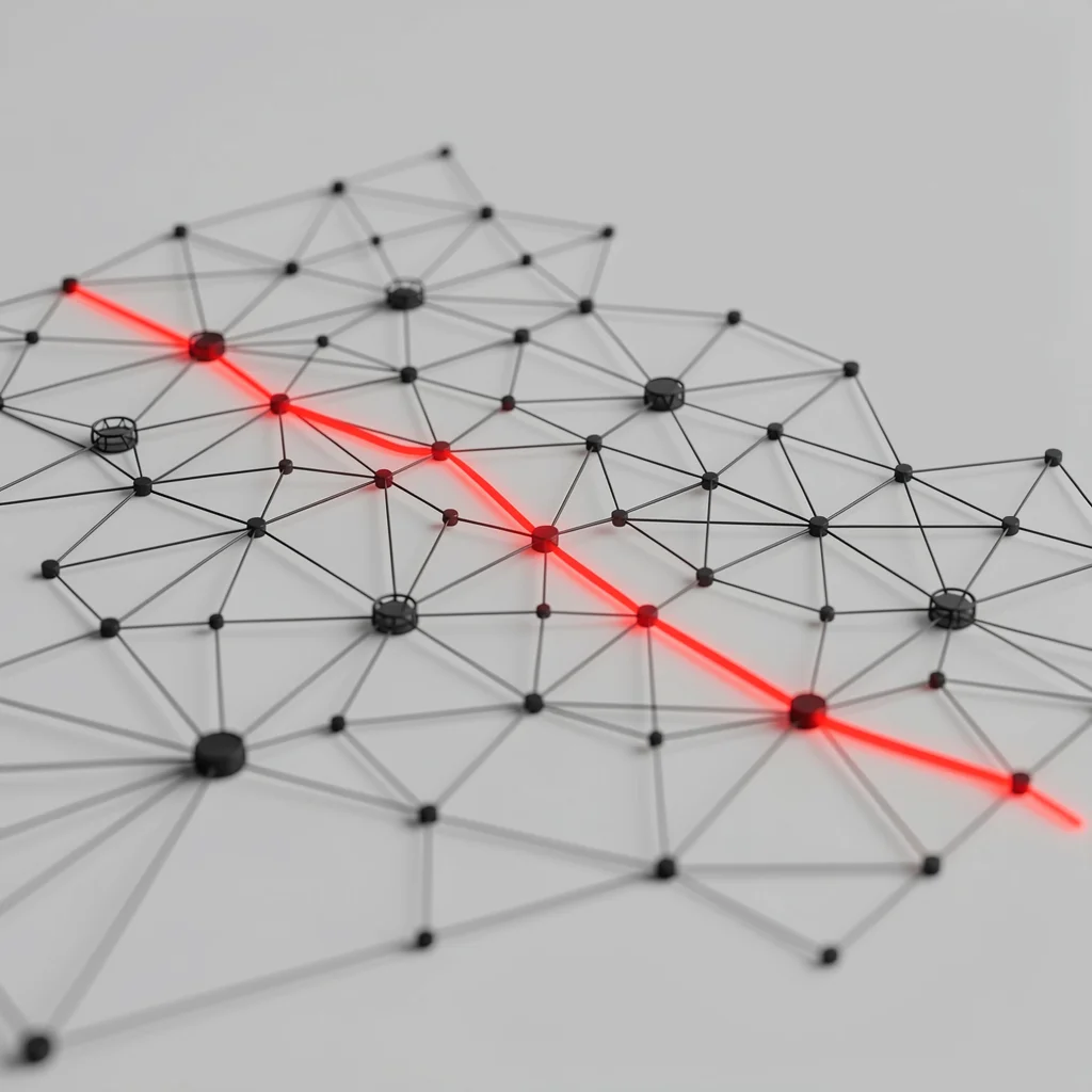 Visualização abstrata de rede de dados com pontos de atenção e diagnóstico técnico.