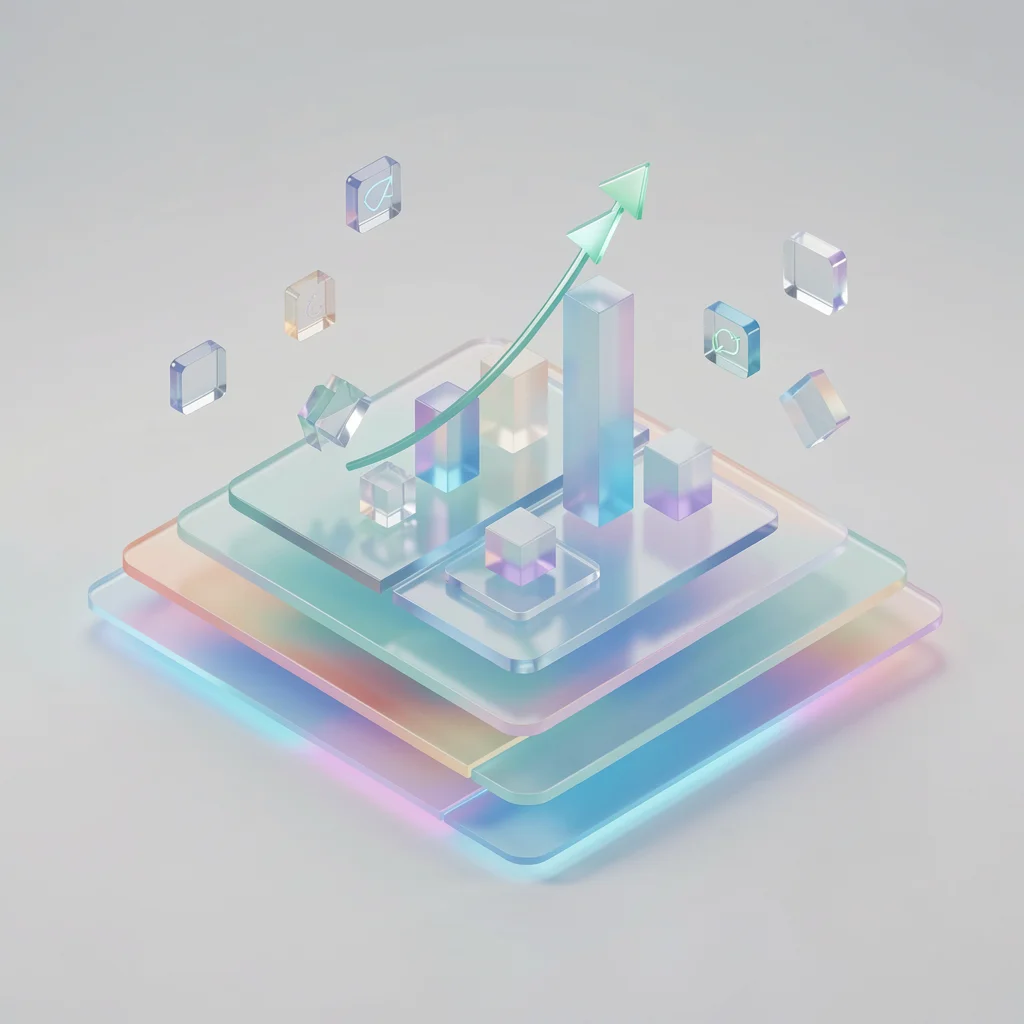 Gráficos abstratos de crescimento e escalabilidade em um dashboard 3D moderno.